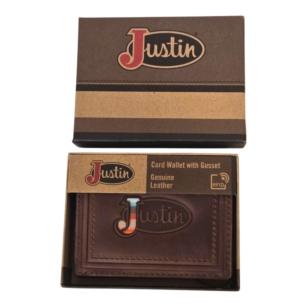 Justin Western Brown Leather Logo RFID Gusset Card Wallet New